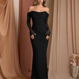 Рокля с Off Shoulder дизайн и цип на гърба, дълги мрежести ръкави