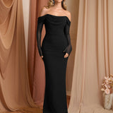 Рокля с Off Shoulder дизайн и цип на гърба, дълги мрежести ръкави
