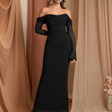 Рокля с Off Shoulder дизайн и цип на гърба, дълги мрежести ръкави