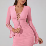 Bodycon рокля с дантела и предно набиране