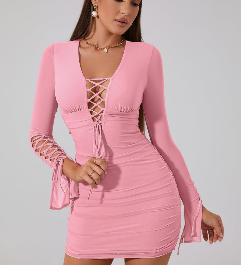 Bodycon рокля с дантела и предно набиране