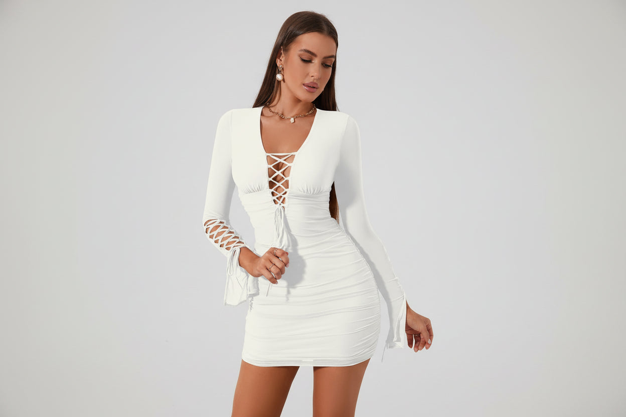 Bodycon рокля с дантела и предно набиране