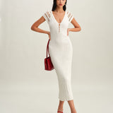 Бяла плетена Bodycon суитшърт рокля