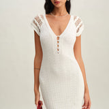 Бяла плетена Bodycon суитшърт рокля